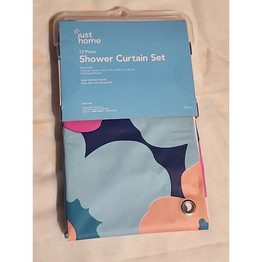 Just Home PVC Shower Curtain Set 13 pc Floral Multicolor Rollerball Hooks 72